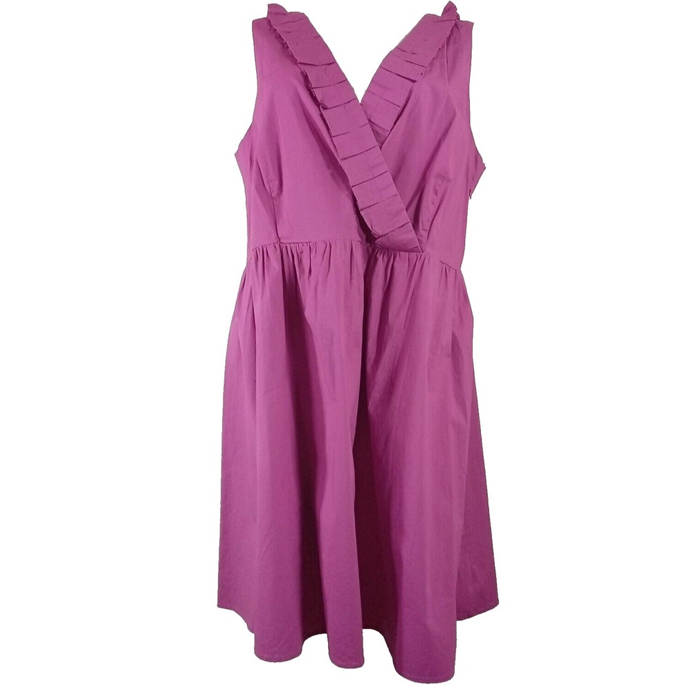 Lane Bryant‎ DRESS 28 Bright Pink Fuchsia Midi Ruffle Sleeveless VNeck Fit Flare